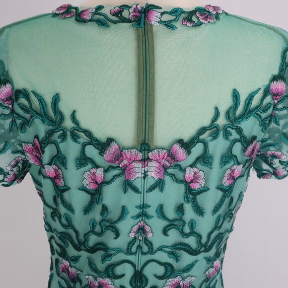 Tadashi Verena Green Sheer Illusion Embroider Floral Birds Lace Bodycon Dress - Picture 7 of 9